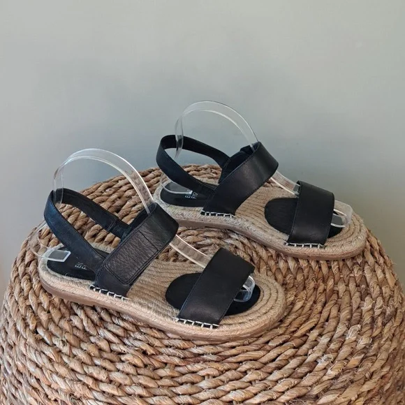 Eileen Fisher Womens Max Black Leather Washed Espadrille Flat Strap Sandals 7.5 - Picture 1 of 8